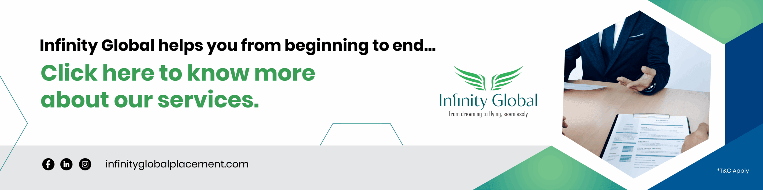 Promotional banner from Infinity Global encouraging users to explore services, featuring logo, tagline, and business professionals reviewing.