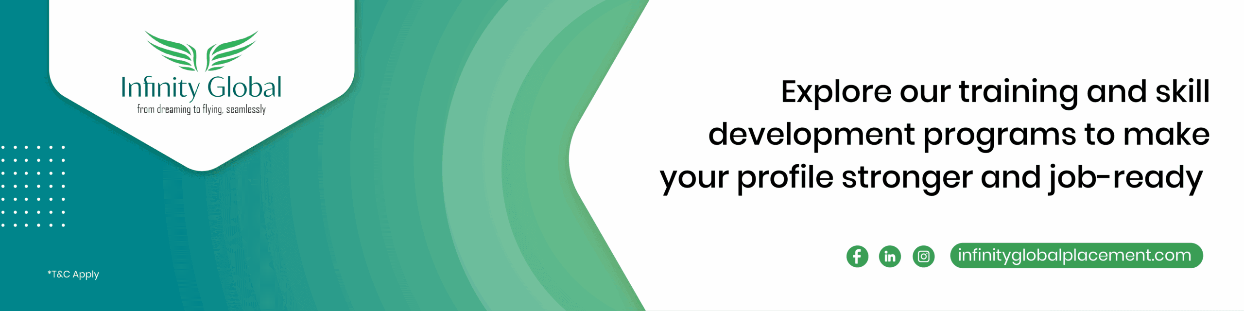 Infinity Global banner promoting training and skill development programs with text encouraging job readiness