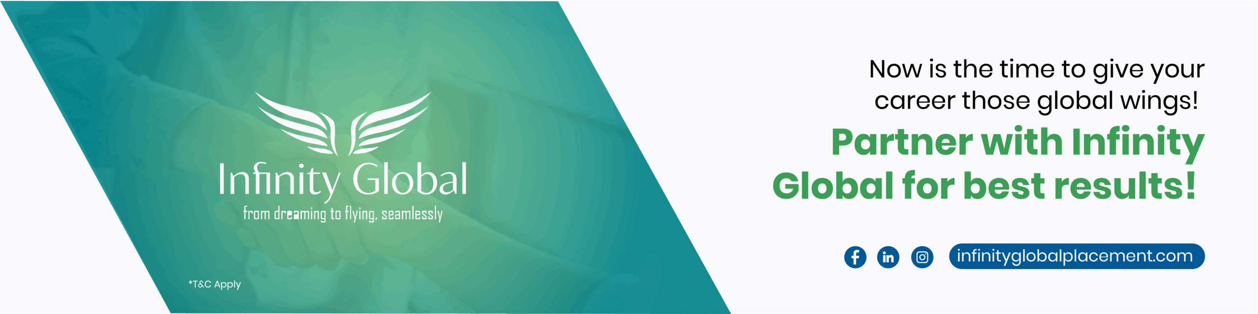 Infinity Global banner with the message 'Partner with Infinity Global for best results' encouraging career advancement and global opportunities.